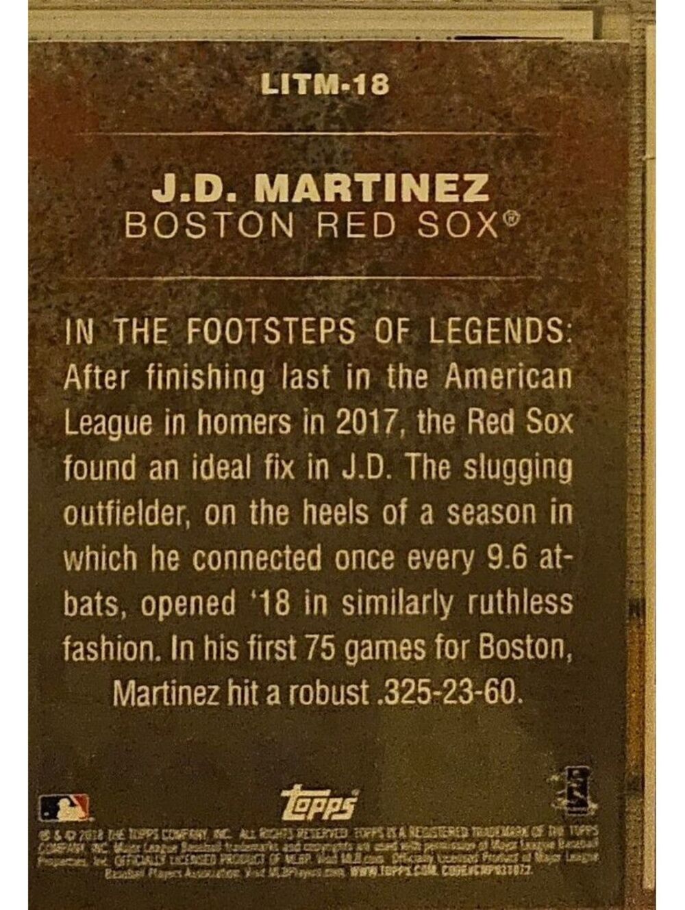2018 Topps Update Legends in the Making Black #LITM18 J.D. Martinez Red Sox - Picture 2 of 2
